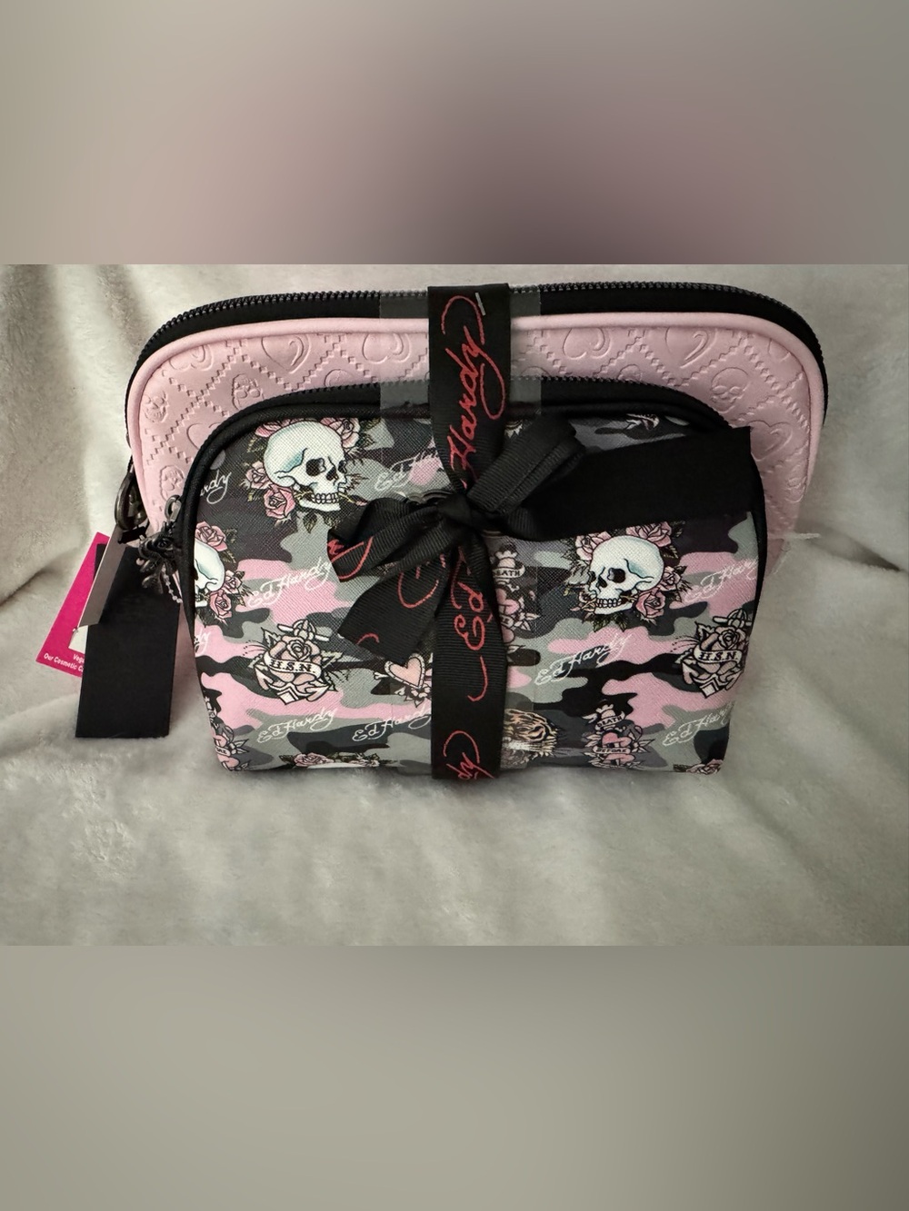 Ed Hardy Pink Camo Skull & Rose Cosmetic Pouch with Bow